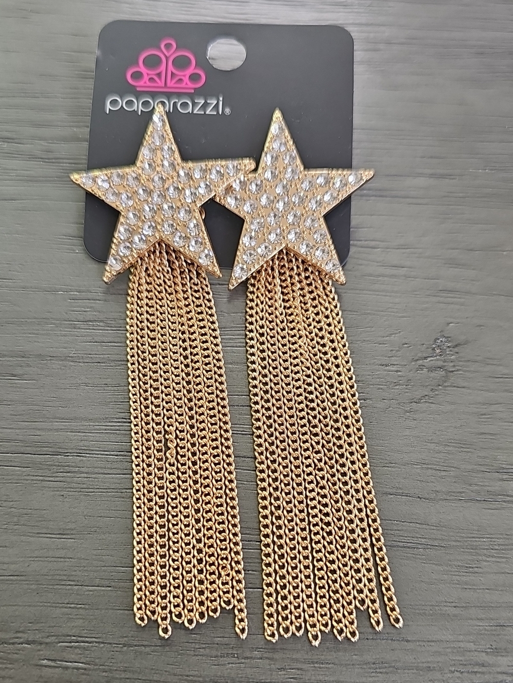 Paparazzi Gold Star Chain Tassel Earrings with Rhinestones